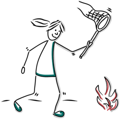 Gezeichnete Figur von Ariane fängt ein Feuer mit einem Schmetterlingsfangkorb ein