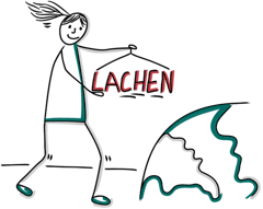 Gezeichnete Figur von Ariane trägt das Wort 'Lachen' an einem Kleiderbügel auf eine kleine illustrierte Welt