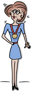 Ariane als gezeichnete Figur, mit einer Gold-Medaille um den Hals