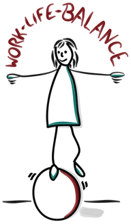 Eine gezeichnete Figur von Ariane balanciert auf einem Ball, über den beiden ausgesträckten Armen – wie bei einem Regenbogen – steht Work-Life-Balance geschrieben